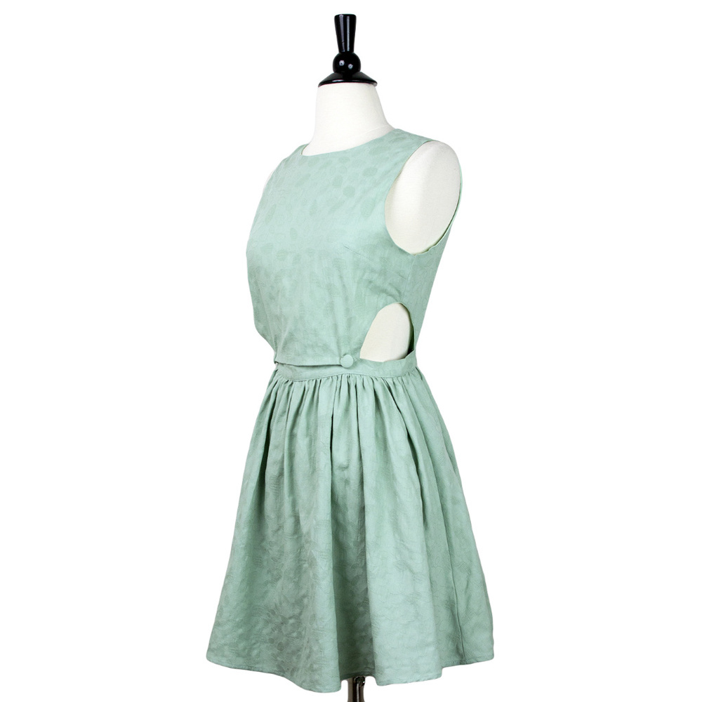PEPALOVES Mint Green Textured Cutout Flare Mini Dress, 100% Cotton, NWT